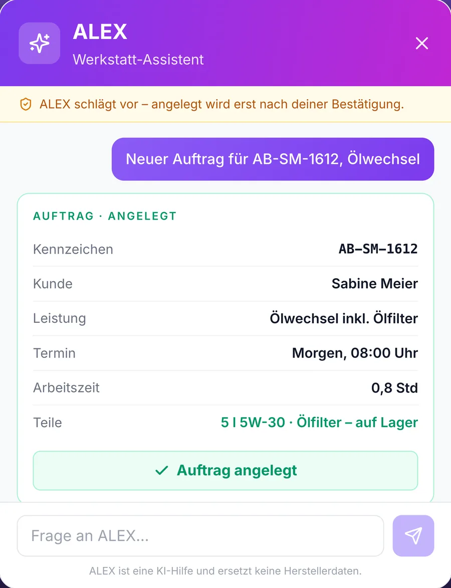 Nach dem Bestätigen: Auftrag angelegt