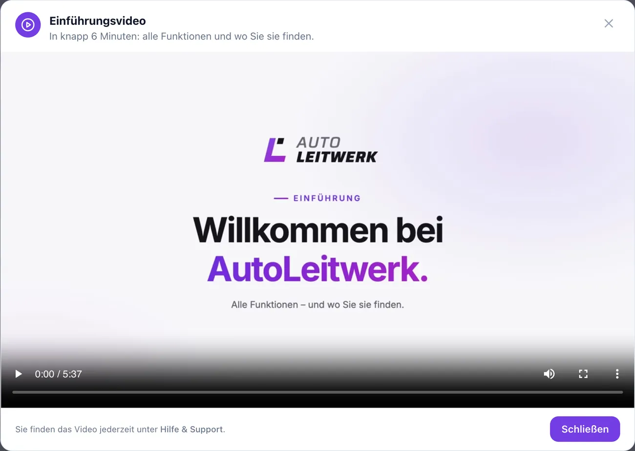 AutoLeitwerk Dashboard mit Einstiegshinweis für neue Nutzer