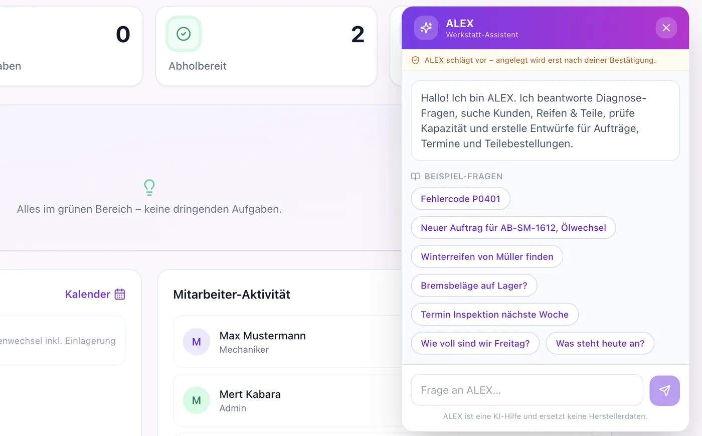 ALEX Werkstatt-Assistent neben den Dashboard-Kennzahlen