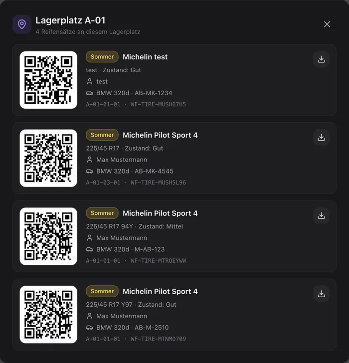 QR-Codes aller Reifensätze am Lagerplatz A-01