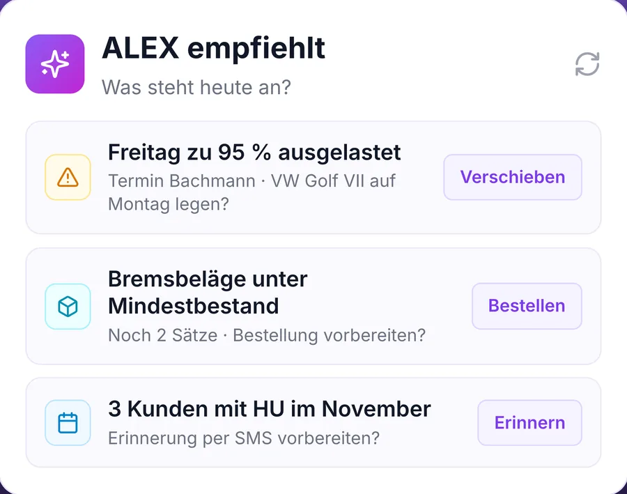 ALEX empfiehlt: Freitag zu 95 Prozent ausgelastet, Bremsbeläge unter Mindestbestand, 3 Kunden mit HU im November