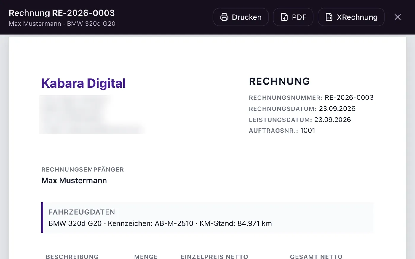 AutoLeitwerk Rechnung mit Fahrzeugdaten, Export als PDF oder XRechnung