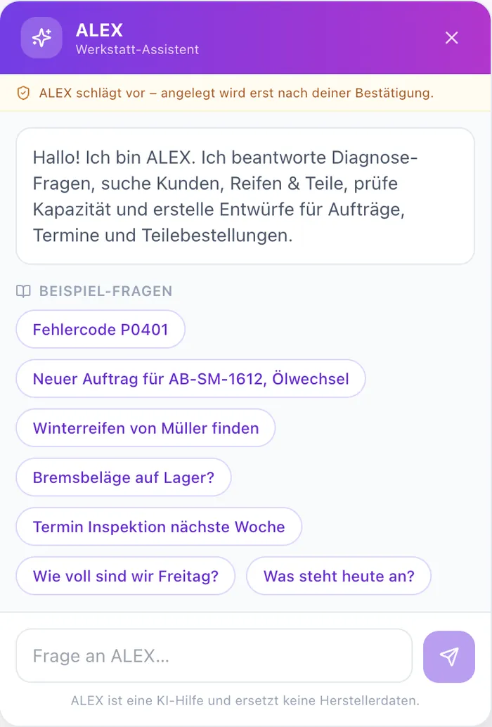 ALEX Werkstatt-Assistent im Dashboard mit Beispiel-Fragen