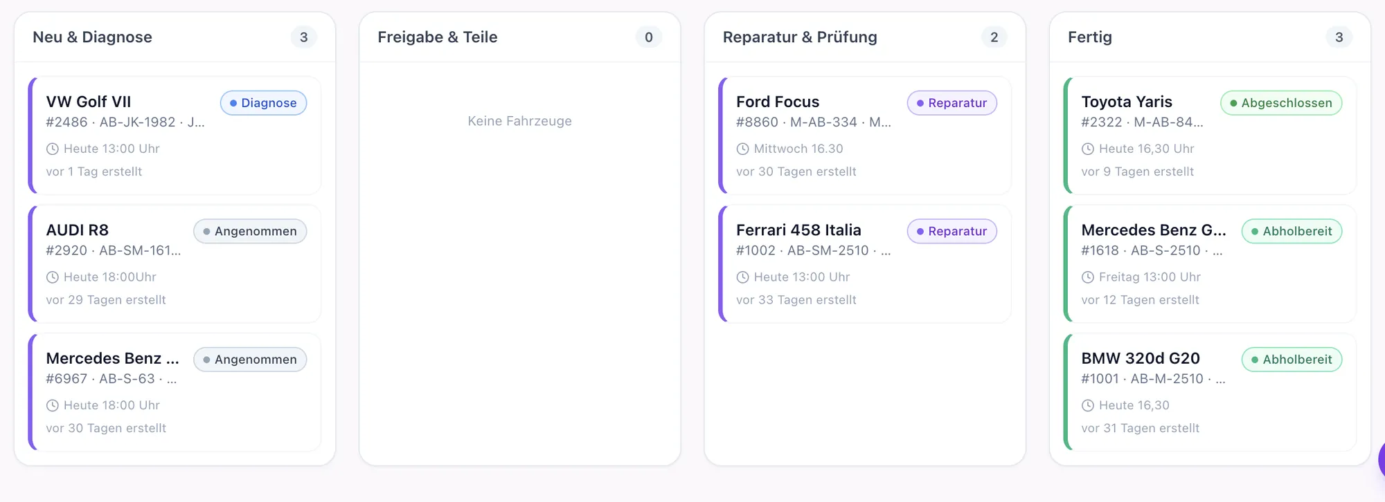 AutoLeitwerk Auftrags-Board mit den Spalten Neu & Diagnose, Freigabe & Teile, Reparatur & Prüfung und Fertig