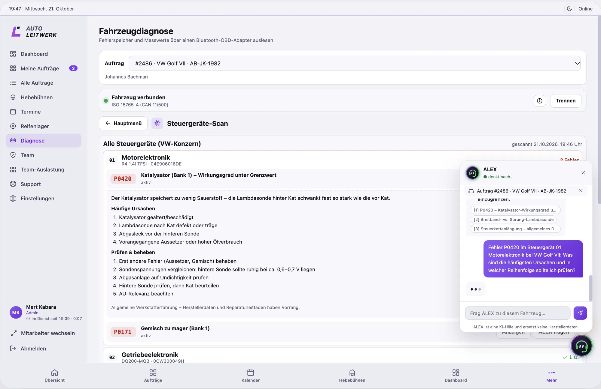 AutoLeitwerk Steuergeräte-Scan mit Fehler P0420, Ursachen, Prüfschritten und ALEX-Chat