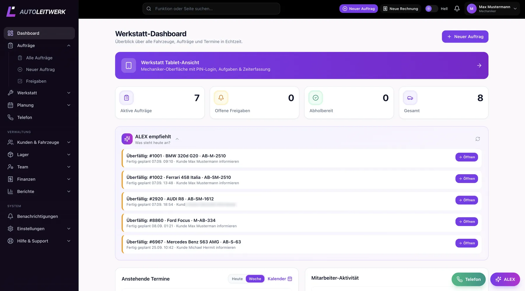 AutoLeitwerk Werkstatt-Dashboard mit aktiven Aufträgen, Freigaben, Terminen und Mitarbeiter-Aktivität