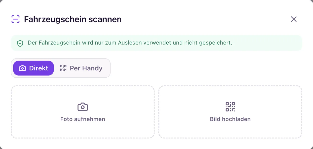 AutoLeitwerk: Fahrzeugschein scannen – Foto aufnehmen oder Bild hochladen, direkt oder per Handy