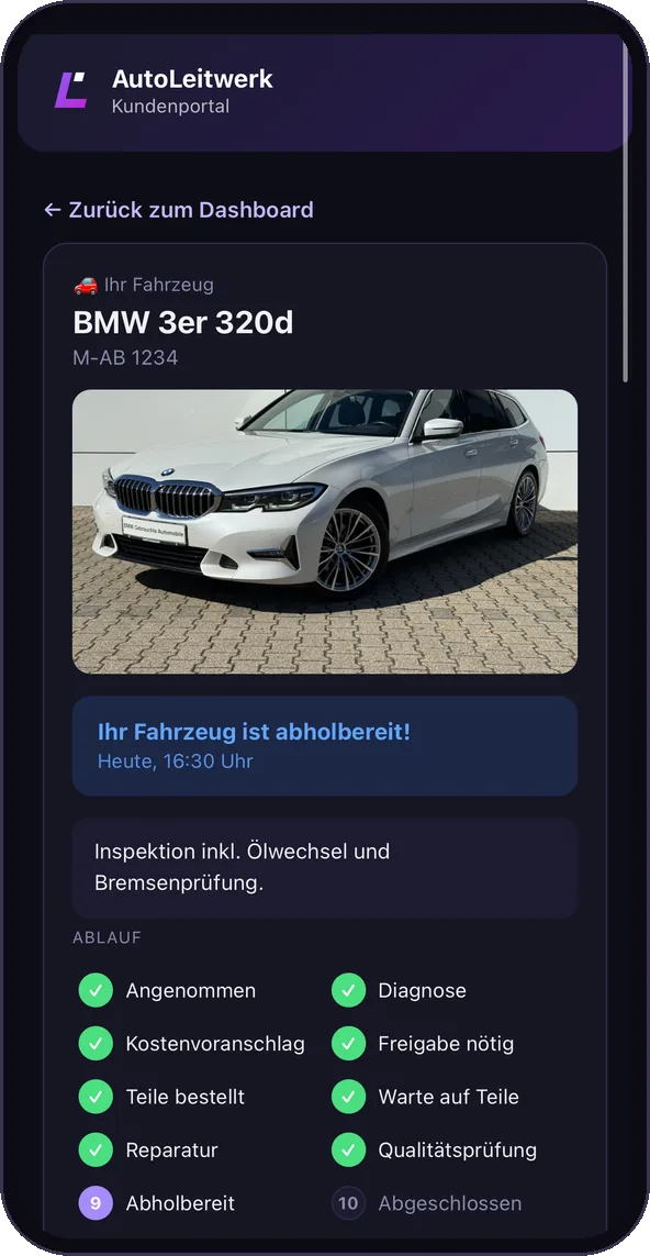 AutoLeitwerk Kundenportal: Reparaturstatus mit Ablaufanzeige
