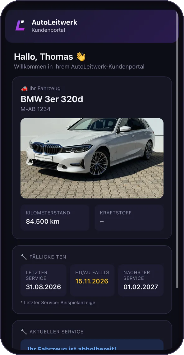AutoLeitwerk Kundenportal: Fahrzeugübersicht mit HU- und Service-Fälligkeiten
